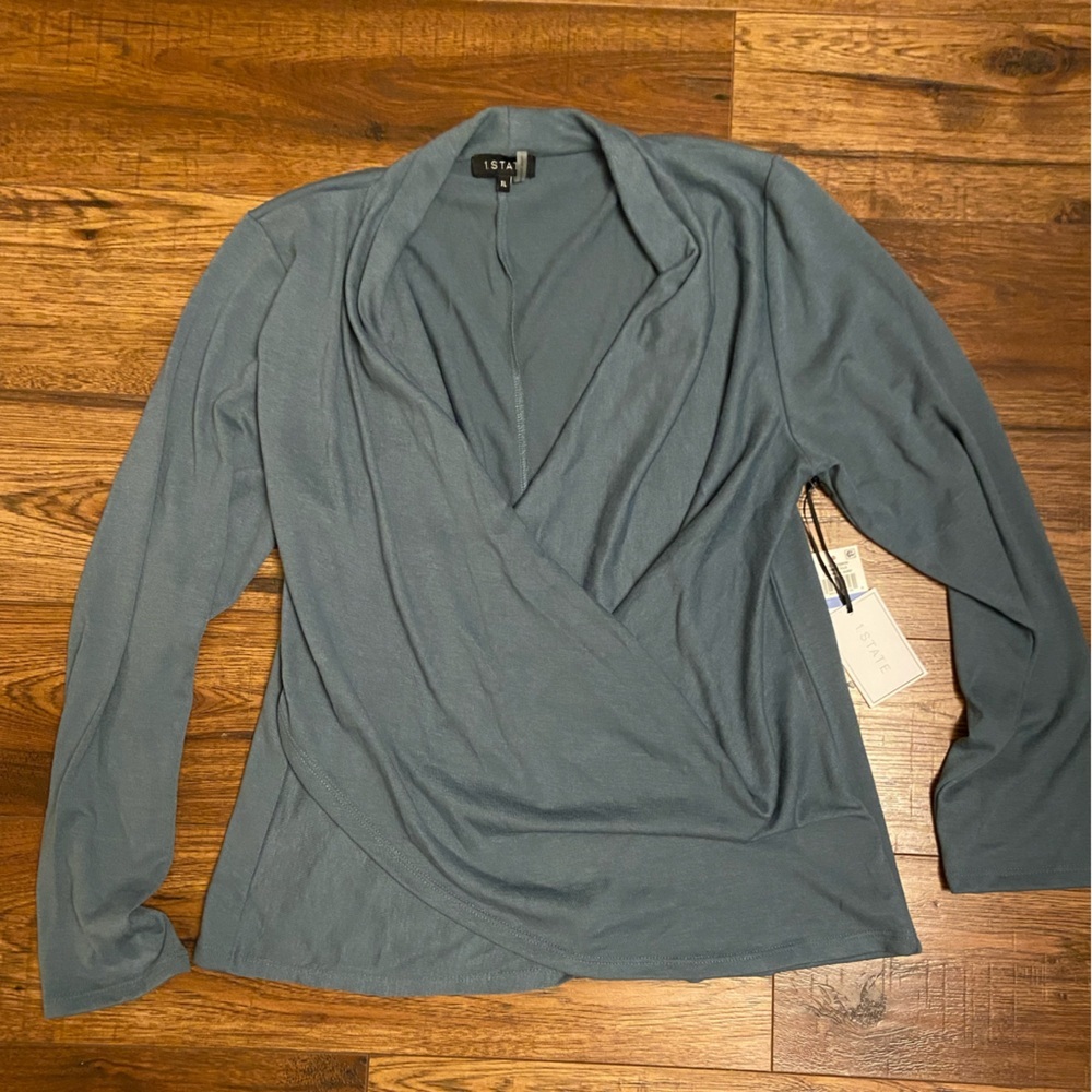 NWT 1.STATE Women's Blue Long Sleeve Cross Front Cozy Knit Top Size XL Drape